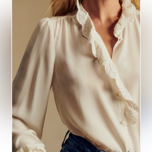 Sezane Cream Ruffle-Trim Button Blouse - Picture 8 of 10